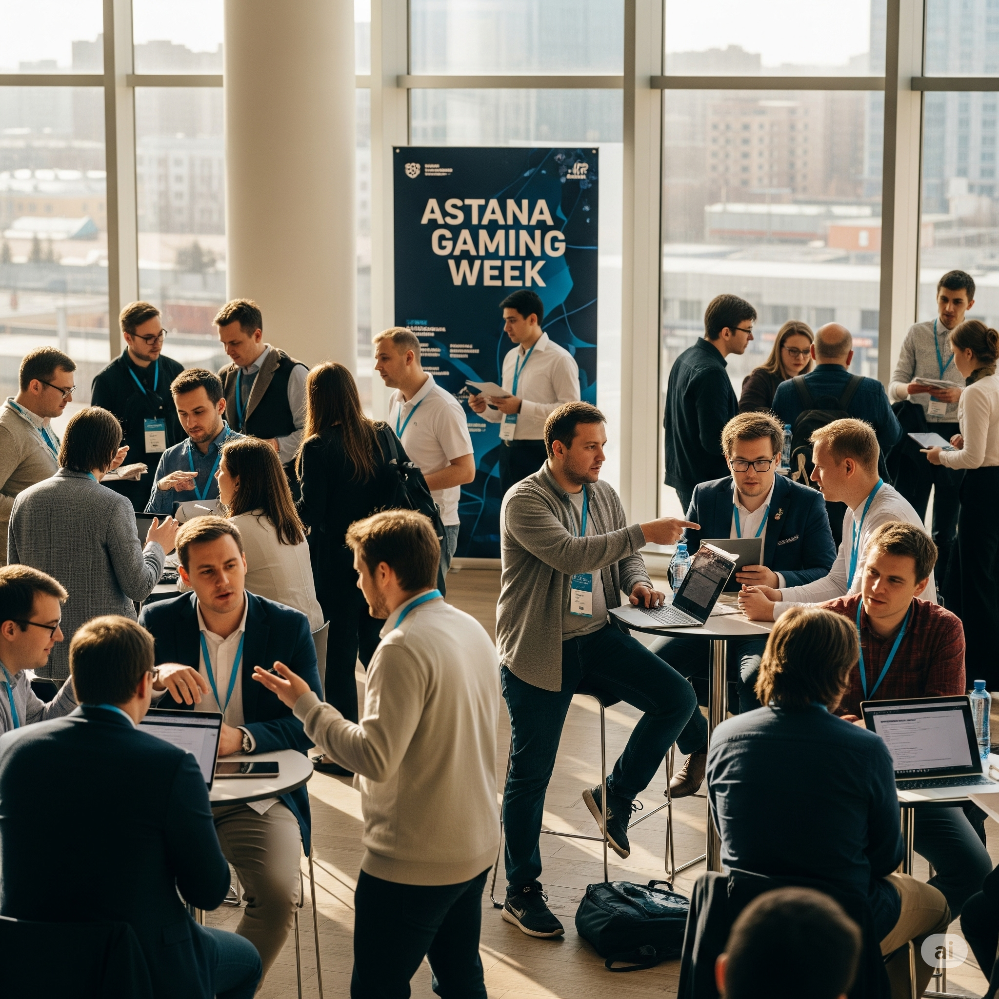 Участники Astana Gaming Week обсуждают проекты в фойе конференц-зала